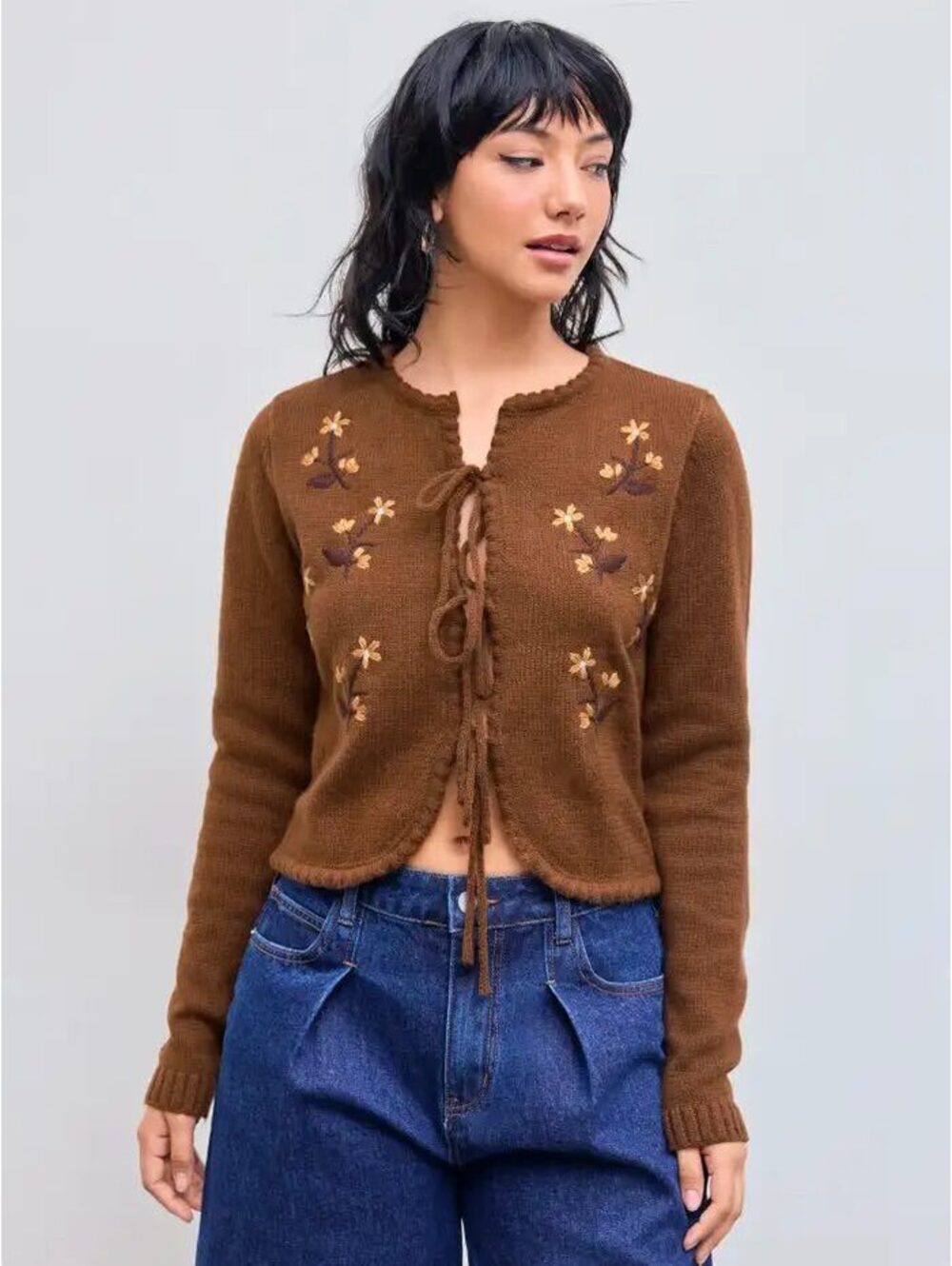 Cider Brown Floral Embroidered Tie Front Cropped Cardigan Sweater Size S